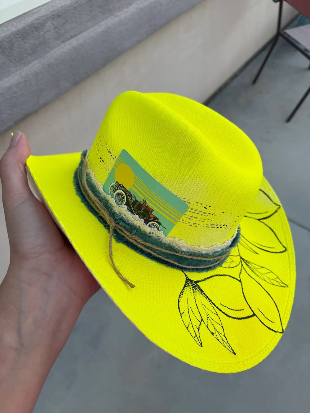 Yellow lemon hand painted straw cowboy hat